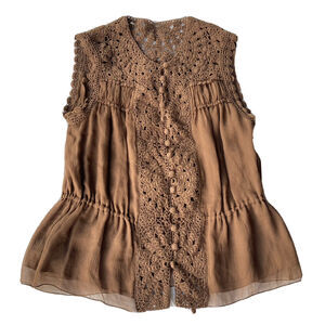 Maxazria Collection Top Sz XS Brown Crochet Silk Blend Tank Waist Tie Fun Womens